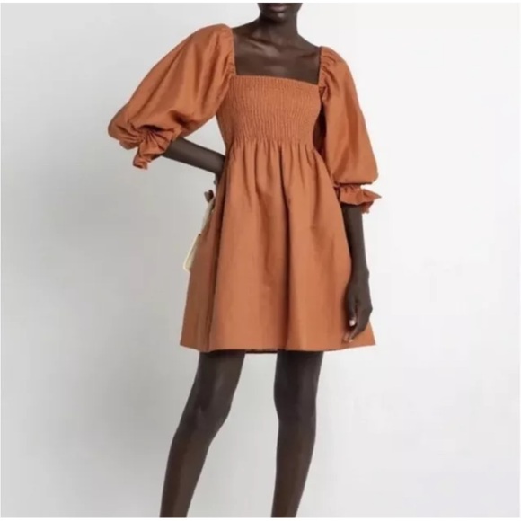 Kourt Portia Linen Flax Rust Burnt Orange Smocked Puff Sleeve Mini Dress Sz S - Picture 2 of 11